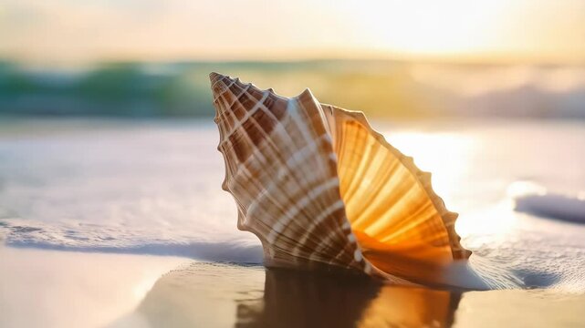 Large seashell sitting on the wet sandy beach with ocean waves at warm sunset glow