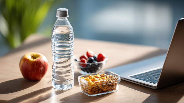 Healthy snack setup on wooden desk with laptop, water bottle, fresh apple, and bowl of berries, creating bright and inviting workspace environment that promotes wellness and productivity