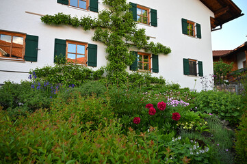a beautiful lush green spring garden with an alpine farmhouse in the background (Schwangau, Bavaria)