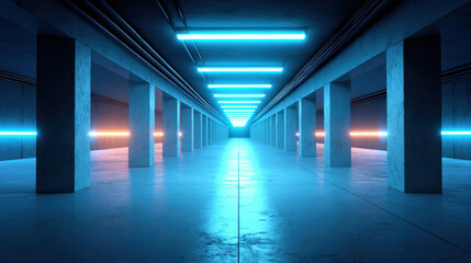 Futuristic underground corridor illuminated with vibrant blue and orange neon lights, featuring concrete pillars and sleek, modern design that creates sense of depth and infinity