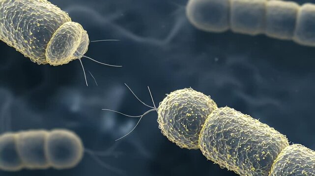 Detailed Microscopic View of Yellowish Bacteria Chain with Flagella on Dark Blue Background Medical Research Concept Illustration