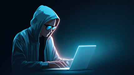 Digital illustration of hacker in hoodie and glasses working on laptop in dark environment, with glowing screen and mysterious, tech savvy vibe, evoking cybersecurity themes and digital anonymity