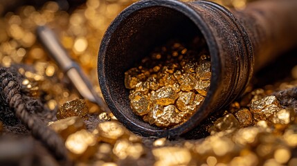 Nuggets of gold within an old vessel, surrounded by more gold on a dark surface