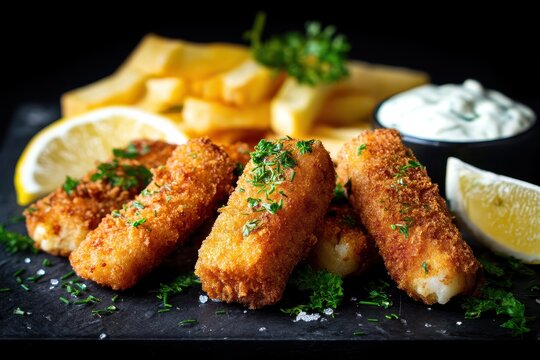 British fast food fish sticks and fries with tartar sauce on a black backdrop