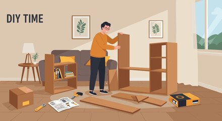 Man assembling furniture at home with tools