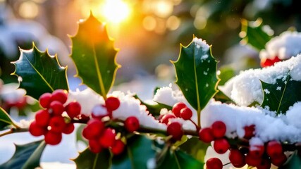 Festive holly branch with bright red berries and green leaves covered in fresh snow, illuminated by golden sunlight. - Powered by Adobe