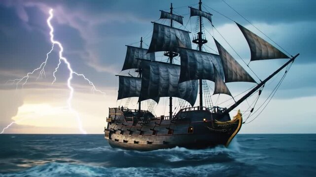 A sturdy, strong, majestic and intimidating pirate ship with intricate textured details and grayish black colors, its sails fluttering in the wind, sailing and floating,