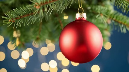 Shiny red bauble hanging on fresh green Christmas tree branch, surrounded by golden bokeh on dark blue background. - Powered by Adobe