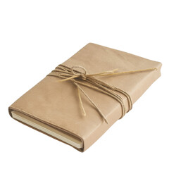 Rustic, closed notebook with textured brown cover, tied with twine, exuding warm and inviting feel, perfect for journaling or note taking