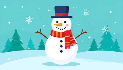 Fototapeta premium Cheerful snowman in top hat and scarf, standing in a snowy landscape with evergreen trees and snowflakes