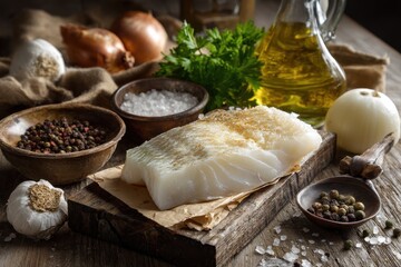 Codfish with seasonings on a wooden tabletop with other components