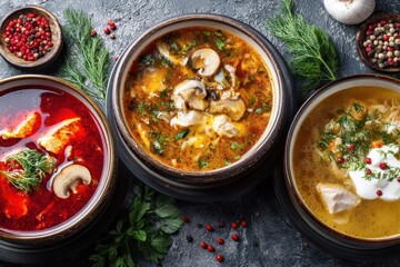 Collection of global soups nutritious dishes Creamy mushroom soup solyanka Russian borscht chicken soup on metallic surface Overhead view