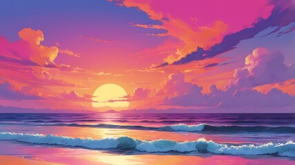 Fototapeta premium Vivid seascape illustration with sun setting amidst colorful clouds formation