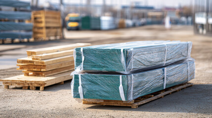 Bundles of wrapped construction materials on pallets in outdoor storage yard, ready for transportation or use in building projects, with clear sky and industrial background