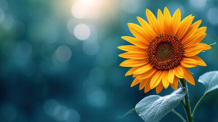 Obraz premium Closeup of vibrant sunflower head facing sun with bright yellow petals and green leaves, set against blurred background of blue and green hues, evoking warmth and sunshine