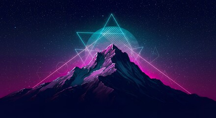 A vibrant, retro-futuristic mountain landscape with glowing neon geometric shapes under a starry, purple and pink night sky, evoking an 80s synthwave aesthetic.