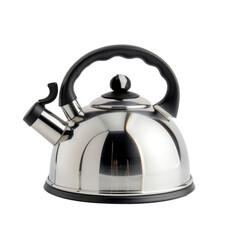 Sleek stainless steel kettle with black handle and spout, perfect for boiling water. Its shiny surface reflects light beautifully, adding elegance to any kitchen setting
