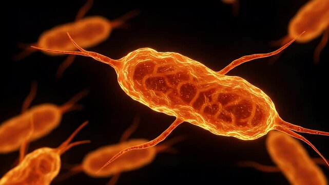 Glowing Orange Rod Shaped Bacteria On A Dark Background