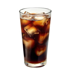 Refreshing glass of iced beverage filled with ice cubes, showcasing rich brown color and condensation on glass, perfect for hot days