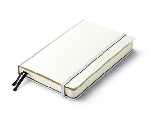 Blank notebook with white cover and elastic band lying white surface ready for writing or sketching simple and clean design versatile for personal or professional use perfect for note taking