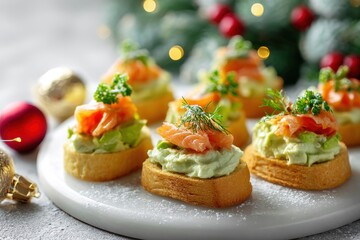 Festive canap&eacute;s with salmon and avocado cream cheese on a light backdrop featuring Christmas decor Ideas for holiday appetizers for New Year s and Christmas