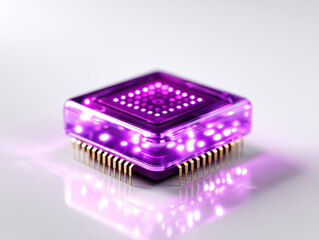 This is close up image of purple colored quantum computer chip with illuminated LED lights, showcasing advanced technology and electronic components, evoking sense of innovation and futuristic