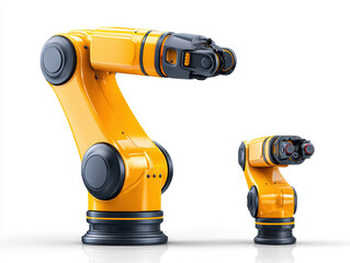 Two yellow robotic arms with black joints and control units, designed for industrial automation and manufacturing tasks, set against white background, showcasing advanced technology and precision