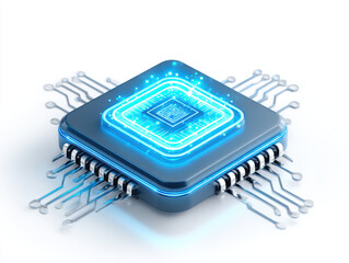 Digital illustration of microprocessor or computer chip with glowing blue circuit lines and futuristic design, representing advanced technology and computing power
