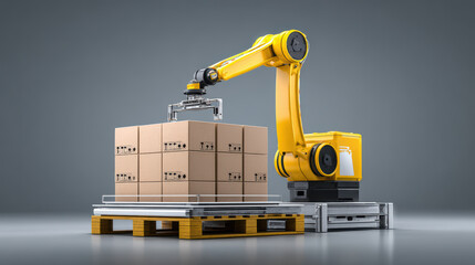 Robotic arm stacking boxes onto pallet warehouse or factory setting, demonstrating automation and industrial technology, with sleek and modern design, bright yellow color, and precise movement