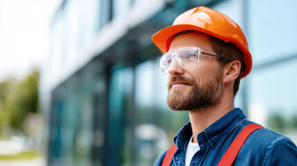 Construction worker wearing safety gear stands outdoors near modern building, looking thoughtfully into distance with confident expression, safety glasses and helmet on, dressed in blue shirt
