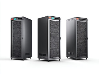 Set of three server racks with perforated doors and ventilation panels, designed for data storage and network management, standing plain white background, conveying professional and modern