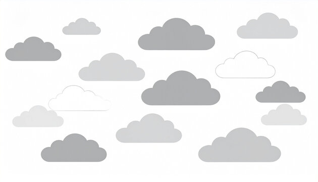 A whimsical collection of grayscale clouds of varying sizes and shades, scattered across a white background, creating a simple yet charming design