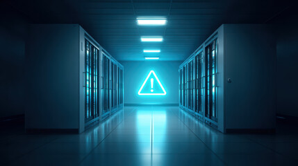 Image shows data center corridor with server racks both sides, illuminated by blue lights and large warning sign with exclamation mark glowing background, indicating security alert or system