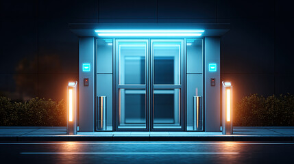 Entrance to secure data center featuring biometric access with illuminated doors and security barriers at night, creating futuristic and high tech atmosphere
