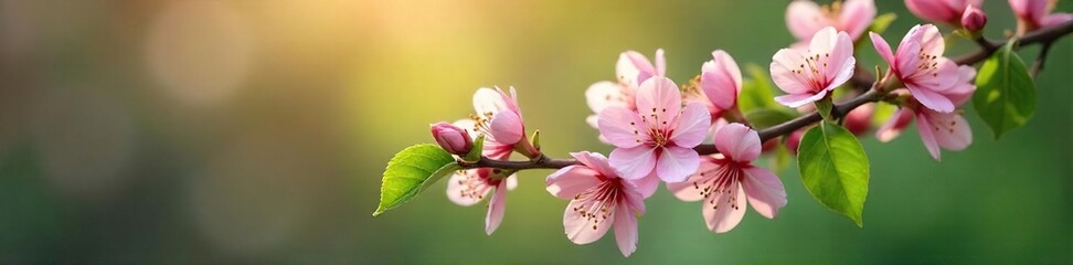 Obraz premium Close-up of a blossoming branch, delicate pink flowers and vibrant green leaves symbolizing renewal and healing, perfect for holistic health and wellness concepts , twig, healing