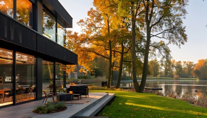 Modern House Exterior with Lake View, Autumn Trees, and Terrace - Contemporary Home Architecture