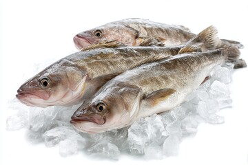 Frozen raw Argentine hake carcasses on a white backdrop