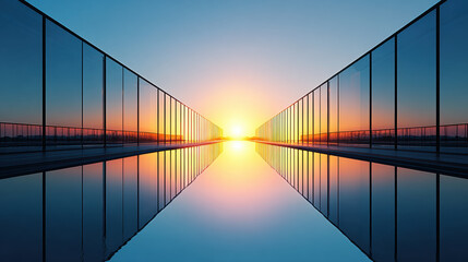 Modern glass walkway or bridge with reflective surface at sunset, creating symmetrical view with vibrant colors and clear sky, evoking sense of tranquility and architectural beauty