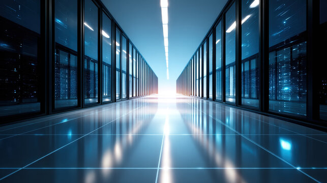 Image shows modern data center corridor with glass server racks both sides, illuminated by bright overhead lights and glowing digital data patterns reflected floor, creating futuristic and high