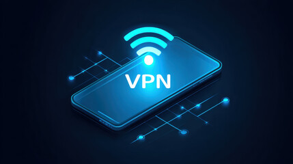 Image shows digital illustration of smartphone with Wi Fi signal icon above it and text VPN on screen, representing secure internet connection and privacy protection