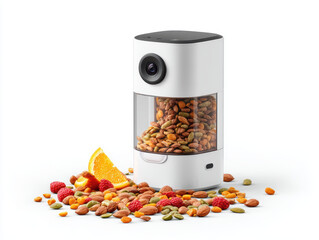 This is smart pet camera with treat dispenser, featuring camera lens on front, transparent container filled with mixed nuts or treats, and scattered snacks and fruit slices around it