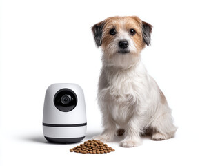 Small dog sitting next to pet camera and pile of dry pet food white background. dog looks alert and curious, with friendly expression. pet camera is modern and compact, designed for home
