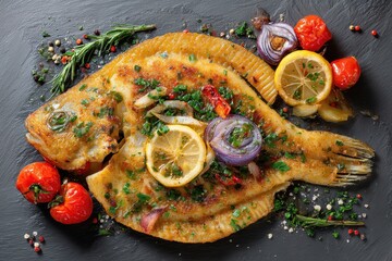 Garlic and vegetable baked flounder Fried flounder Seafood Gray backdrop