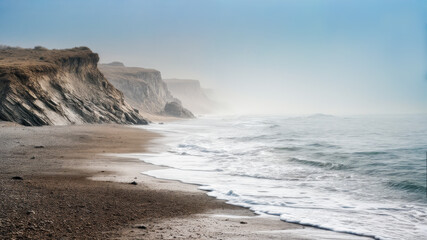 A landscape featuring cliffs and strong waves hitting the shore line.  A misty beach on a gloomy, mist filled day. A rough surf.