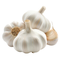 Fresh garlic bulbs are displayed, showcasing their white, papery skins and distinct shapes. This aromatic ingredient is essential in cooking, adding flavor and depth to various dishes