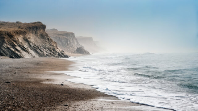 A landscape featuring cliffs and strong waves hitting the shore line.  A misty beach on a gloomy, mist filled day. A rough surf.