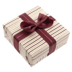 Beautifully wrapped gift box featuring elegant stripes and rich burgundy ribbon, perfect for special occasions and celebrations, evoking feelings of joy and anticipation