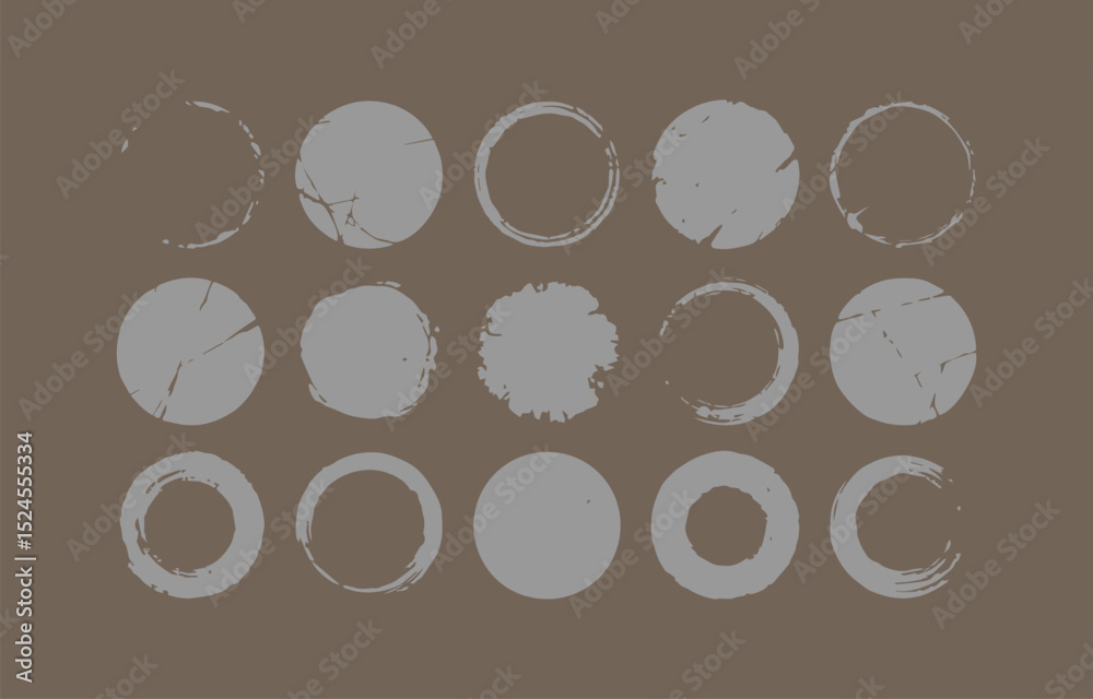 Poster fifteen gray circular brush strokes on a brown background creating a textured and abstract pattern s
