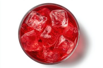 Glass of red juice with ice cubes on a white background viewed from above