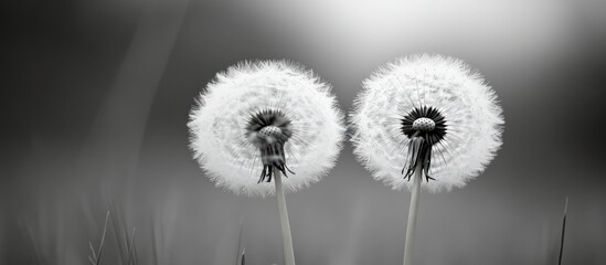 Obraz premium Two fluffy dandelion clocks side by side in monochrome.